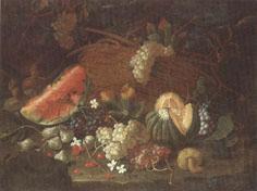 unknow artist Still life of a watermelon,red and white grapes,figs,cherries,mushrooms,a melon,and a basket with vine-leaves,upon a ledge